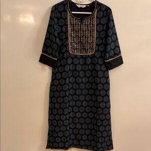 Elegant Navy Blue Dress with Gold Accents